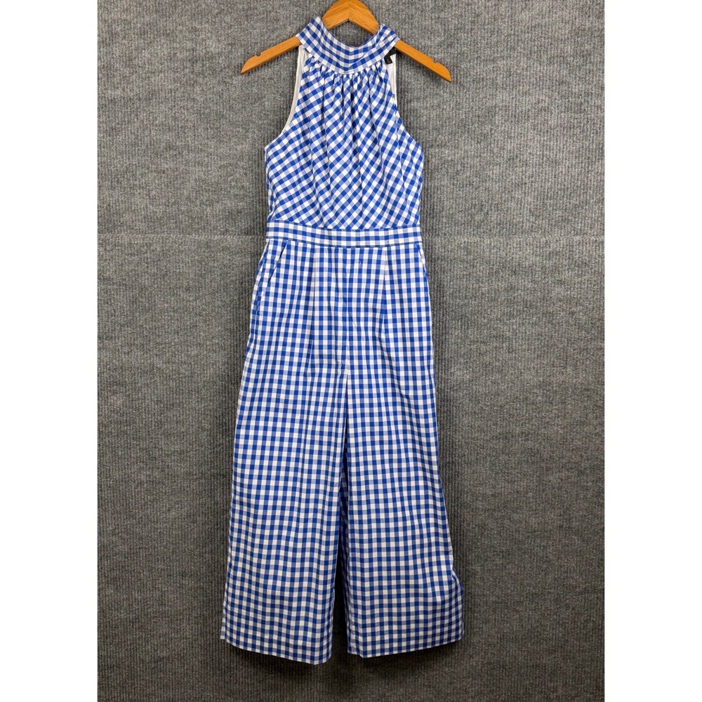 J Crew Jumpsuit Womens 0 Blue Gingham High Neck Bow Back Poplin Cotton Wide Leg
